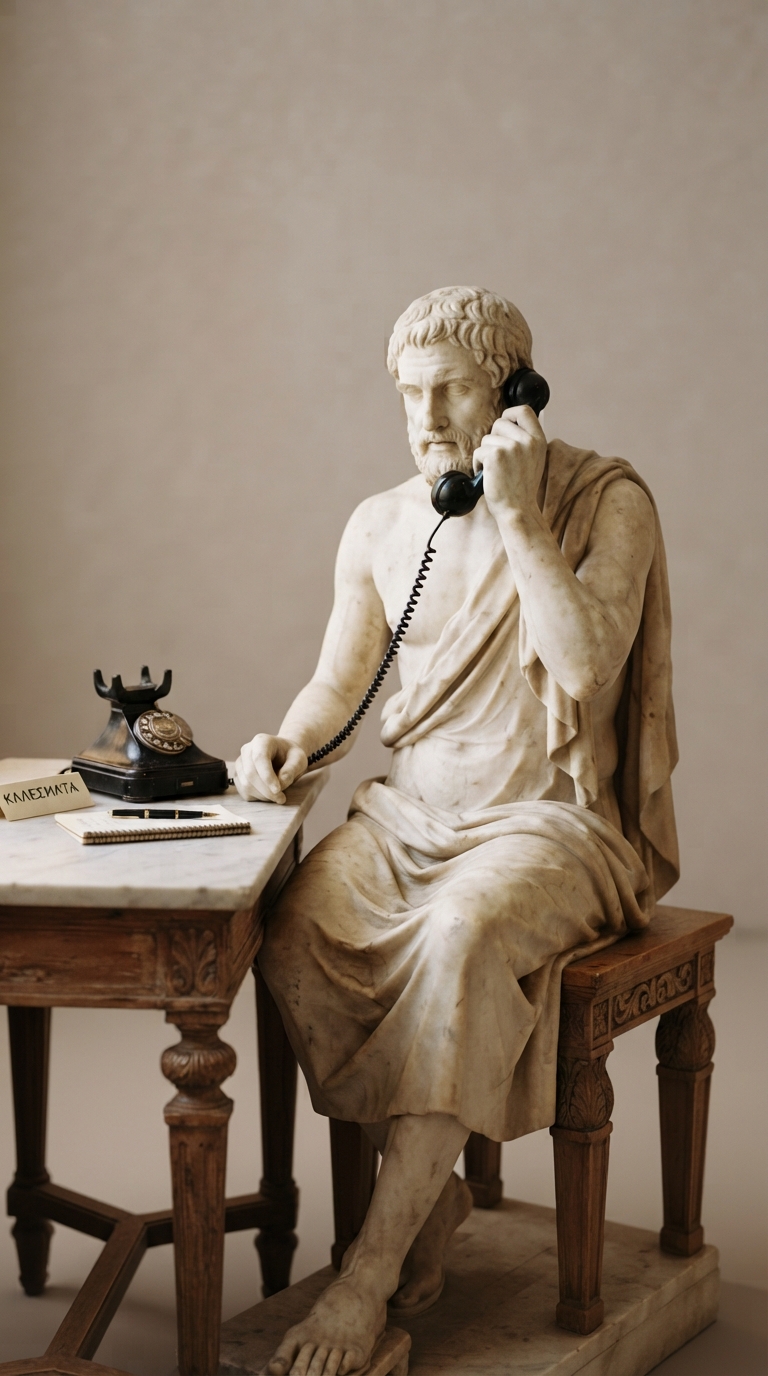 A marble statue of a bearded Greek man seated at a desk, talking on an old rotary telephone